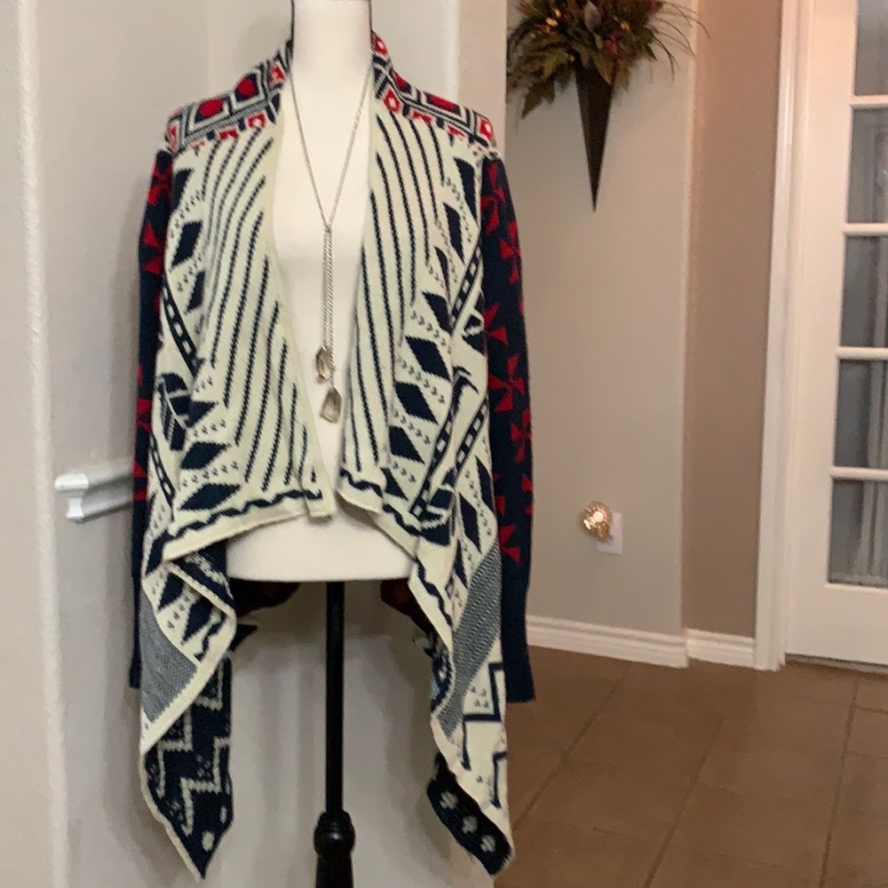 Verty red, navy & cream Aztec waterfall draped open cardigan sweater Size S/M
